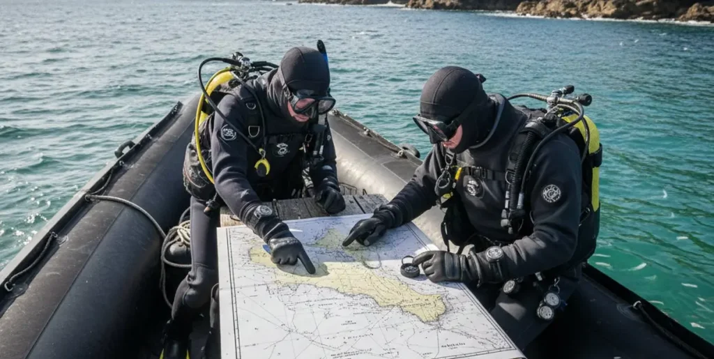 Scuba divers checking map