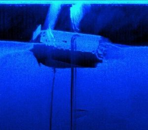 Upside-down wreck of the landing craft in Milford Haven